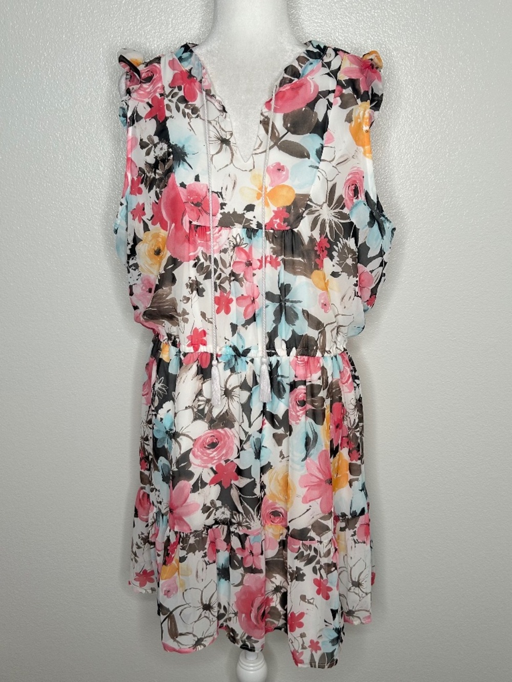 New ROBERT LOUIS Women Floral Tasseled Mini Chiffon Dress Plus Size 1X NWT